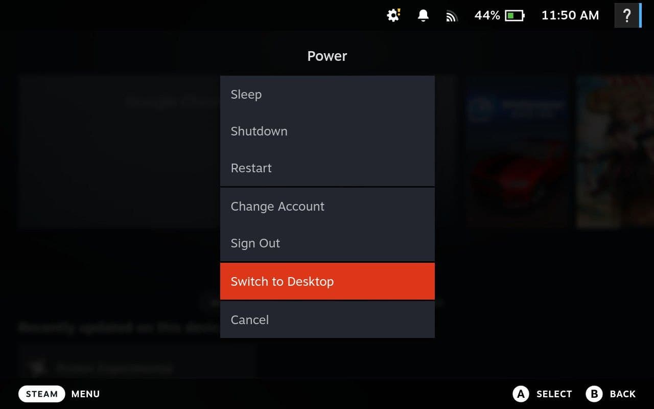 Power menu with Switch to Desktop selected