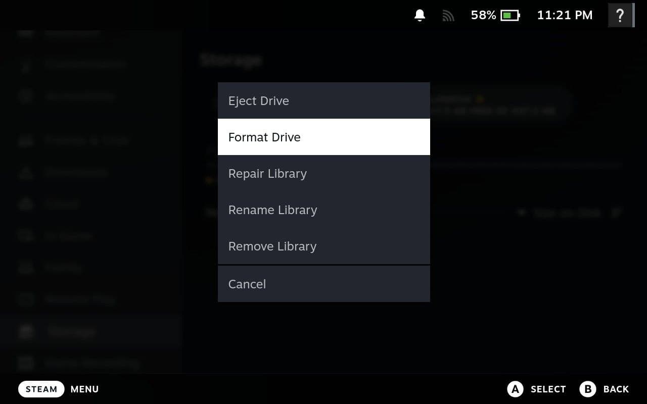 Storage options showing Format button for SD Card