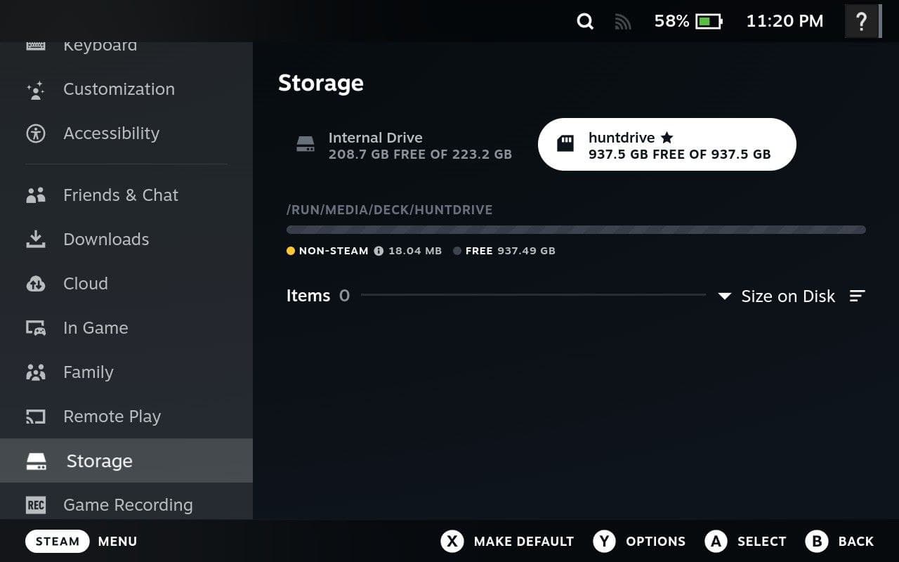 Settings menu with Storage selected