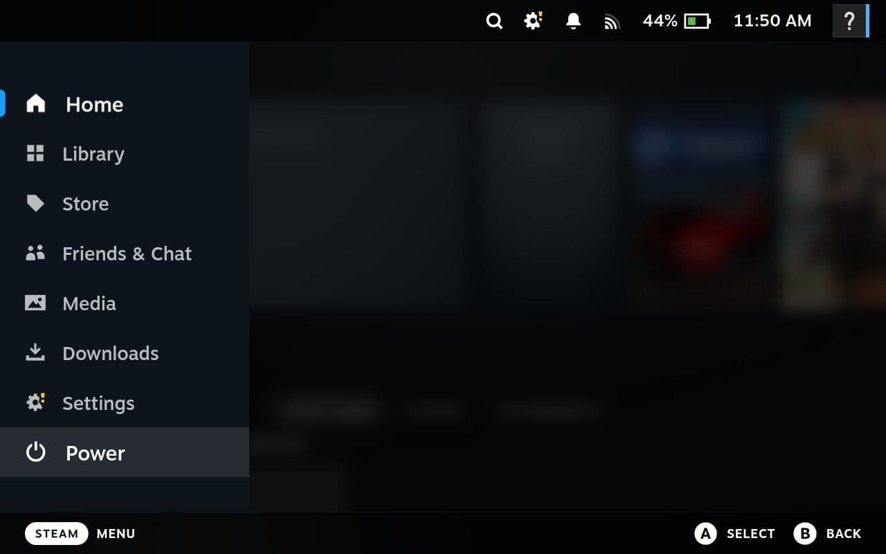 Steam Menu with Power selected
