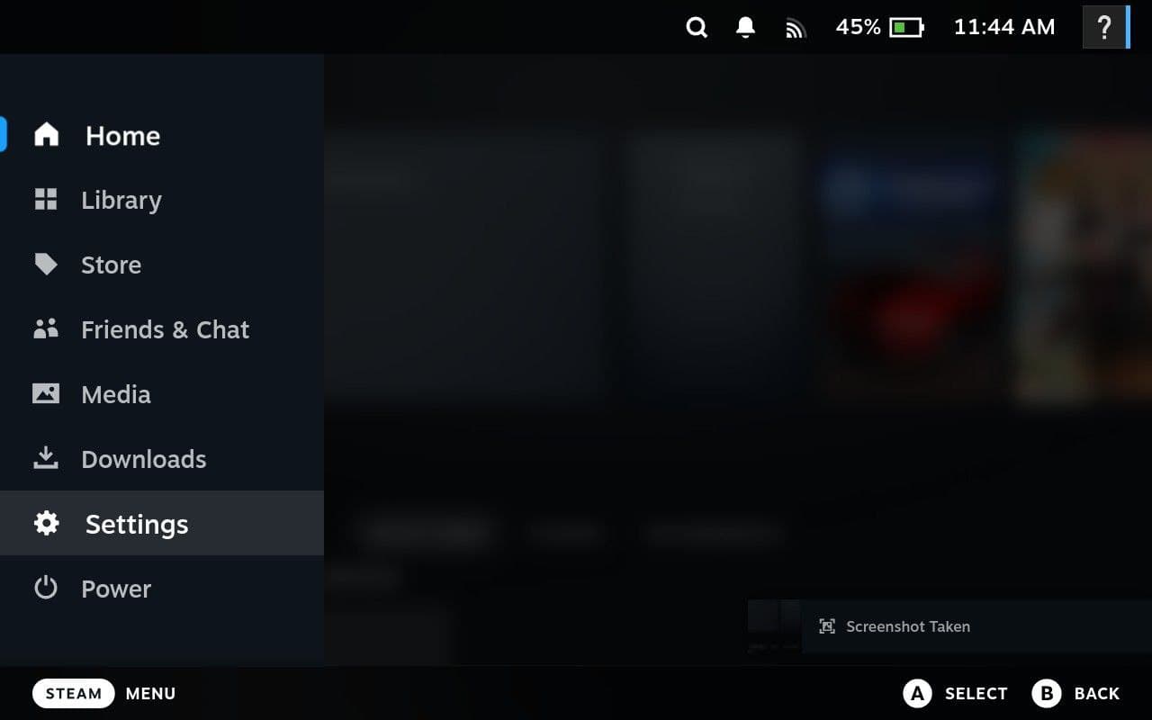 Steam Menu with Settings selected